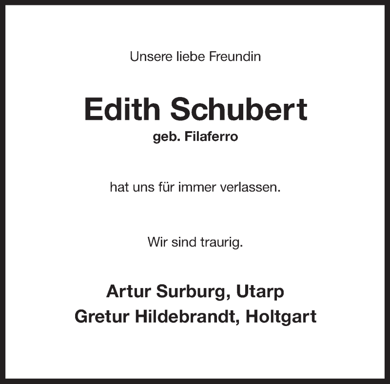  Traueranzeige für Edith Schubert vom 01.10.2019 aus 