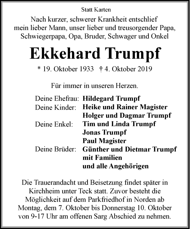  Traueranzeige für Ekkehard Trumpf vom 05.10.2019 aus 