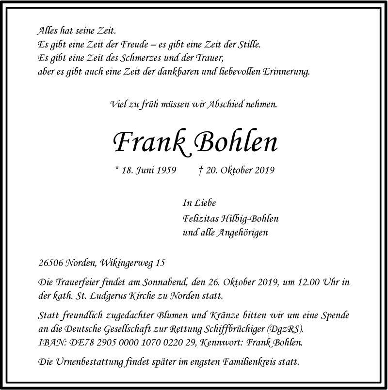  Traueranzeige für Frank Bohlen vom 23.10.2019 aus 