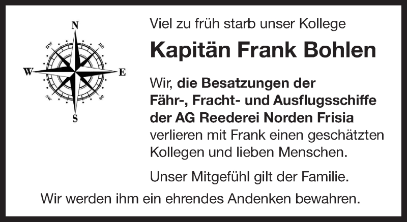  Traueranzeige für Frank Bohlen vom 24.10.2019 aus 