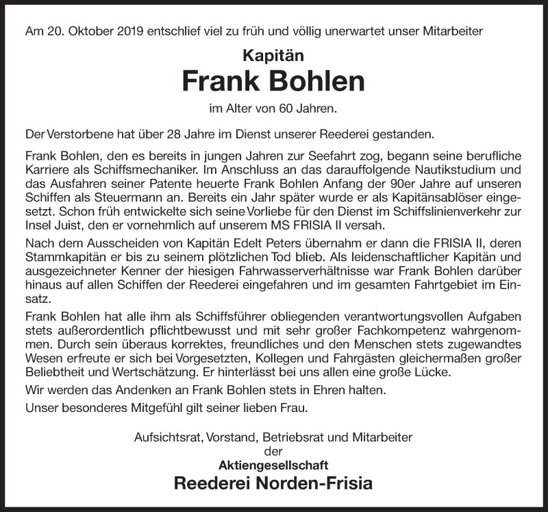  Traueranzeige für Frank Bohlen vom 23.10.2019 aus 