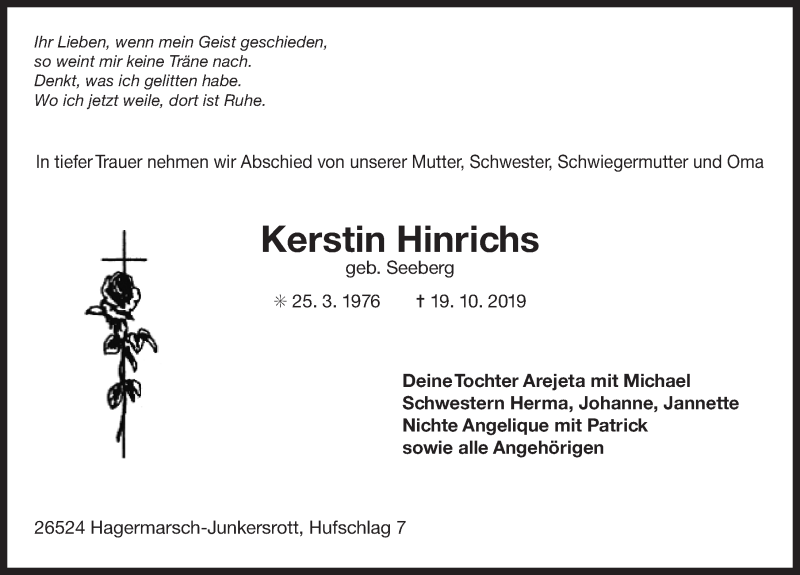  Traueranzeige für Kerstin Hinrichs vom 24.10.2019 aus 