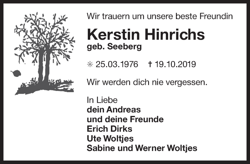  Traueranzeige für Kerstin Hinrichs vom 26.10.2019 aus 