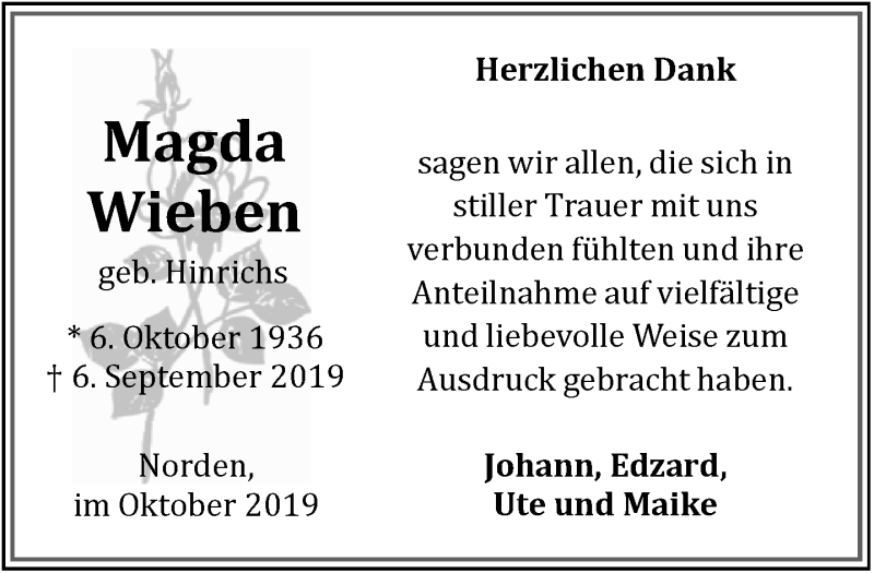  Traueranzeige für Magda Wieben vom 19.10.2019 aus 