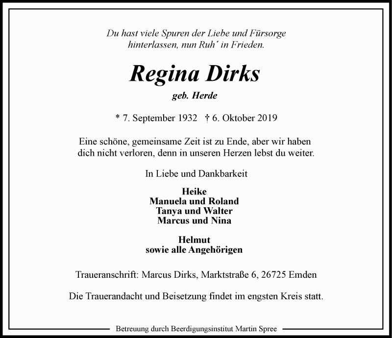  Traueranzeige für Regina Dirks vom 09.10.2019 aus 
