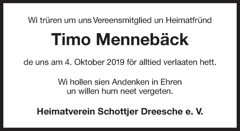  Traueranzeige für Timo Mennebäck vom 25.10.2019 aus 