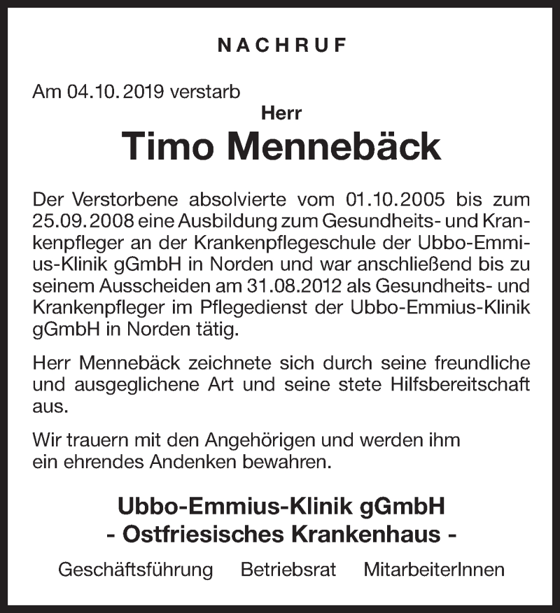  Traueranzeige für Timo Mennebäck vom 24.10.2019 aus 