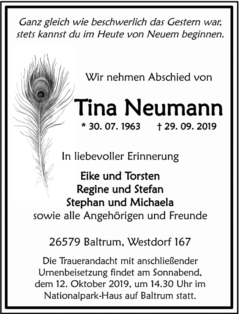 Traueranzeige für Tina Neumann vom 05.10.2019 aus 