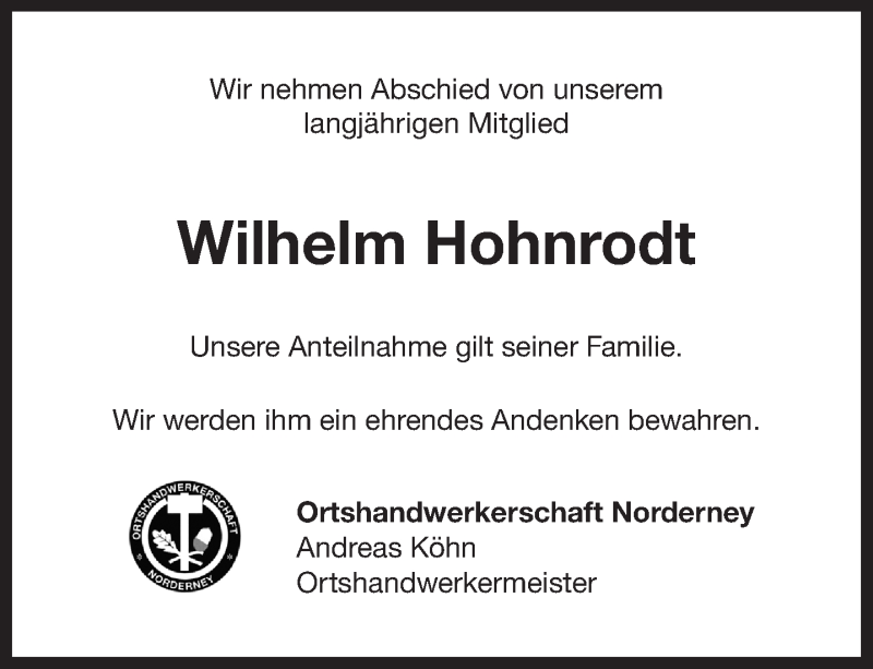  Traueranzeige für Wilhelm Hohnrodt vom 24.10.2019 aus 