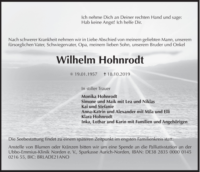  Traueranzeige für Wilhelm Hohnrodt vom 22.10.0209 aus 