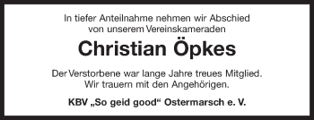 Traueranzeige von Christian Öpkes von Ostfrisischer Kurier