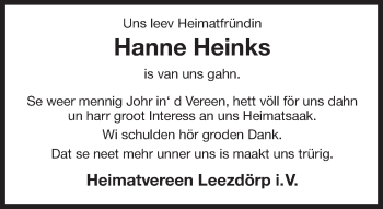 Traueranzeige von Hanne Heinks von Ostfrisischer Kurier