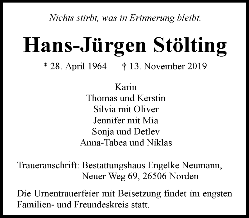  Traueranzeige für Hans-Jürgen Stölting vom 16.11.2019 aus 