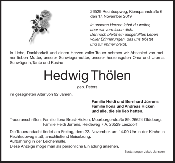 Traueranzeige von Hedwig Thölen von Ostfrisischer Kurier