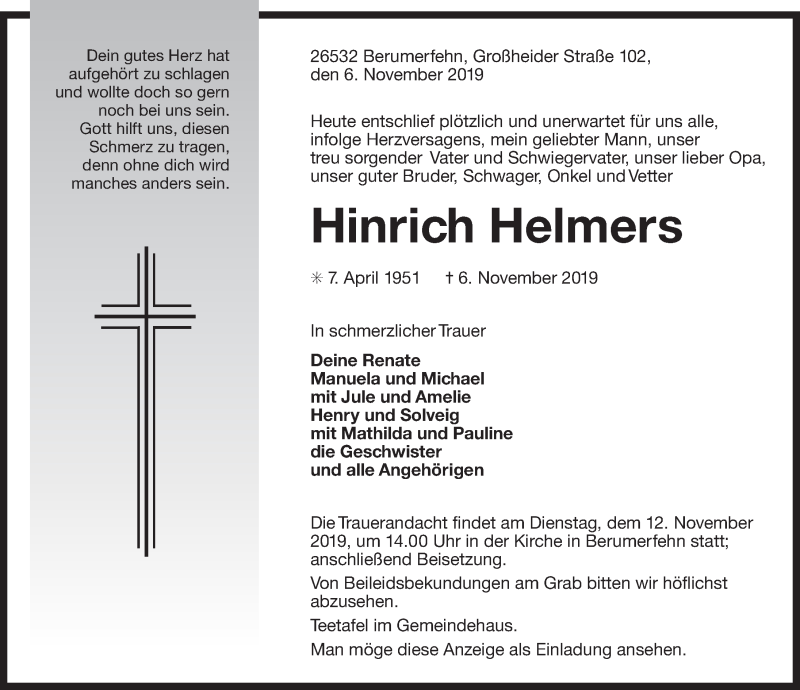  Traueranzeige für Hinrich Helmers vom 08.11.2019 aus Ostfrisischer Kurier