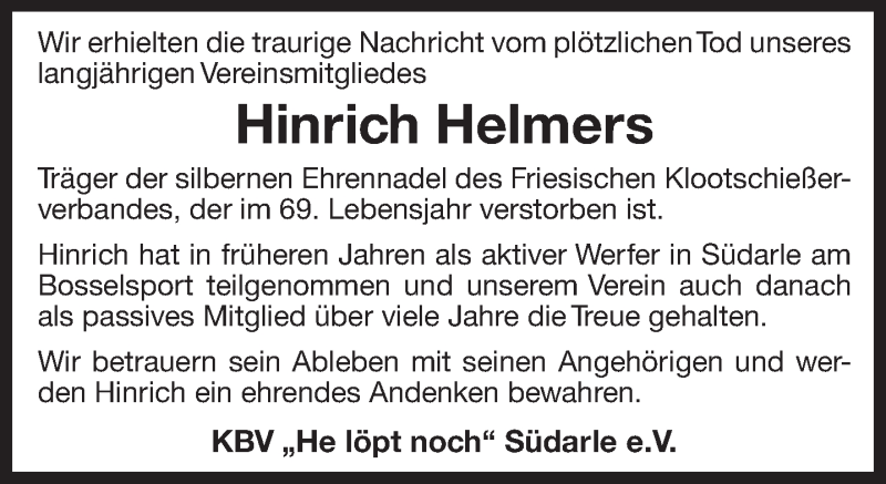  Traueranzeige für Hinrich Helmers vom 08.11.2019 aus Ostfrisischer Kurier