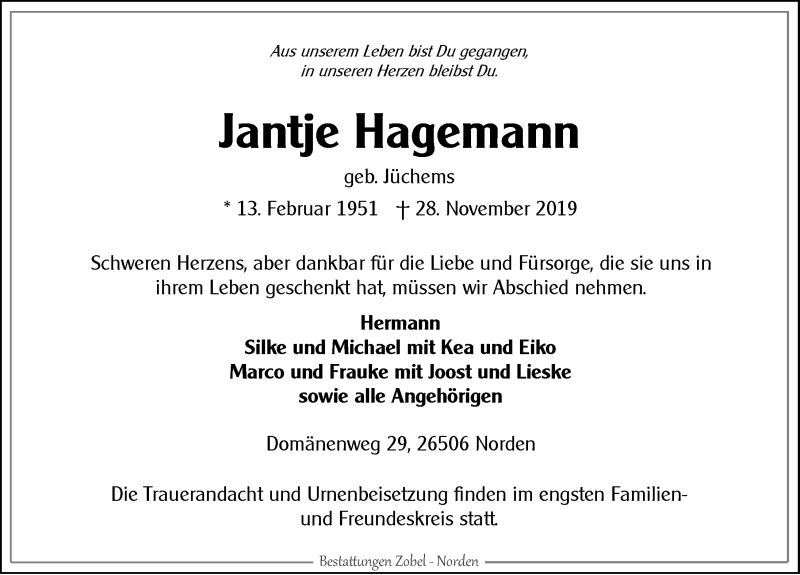  Traueranzeige für Jantje Hagemann vom 30.11.2019 aus 