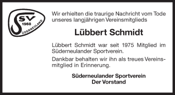 Traueranzeige von Lübbert Schmidt 