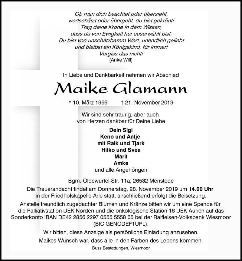  Traueranzeige für Maike Glamann vom 23.11.2019 aus 