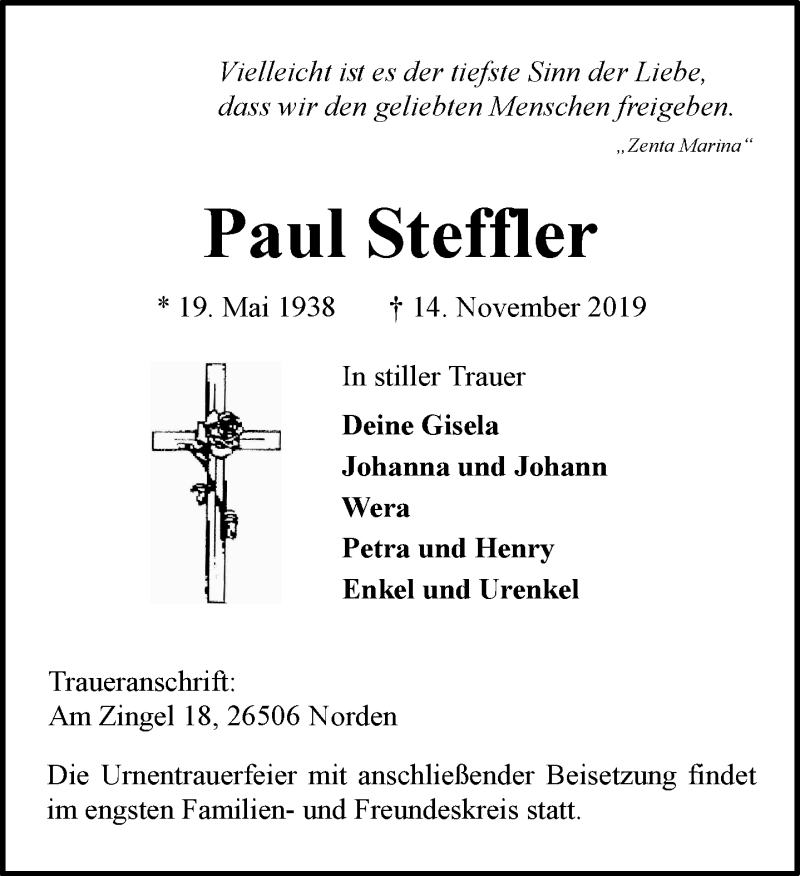  Traueranzeige für Paul Steffler vom 16.11.2019 aus 