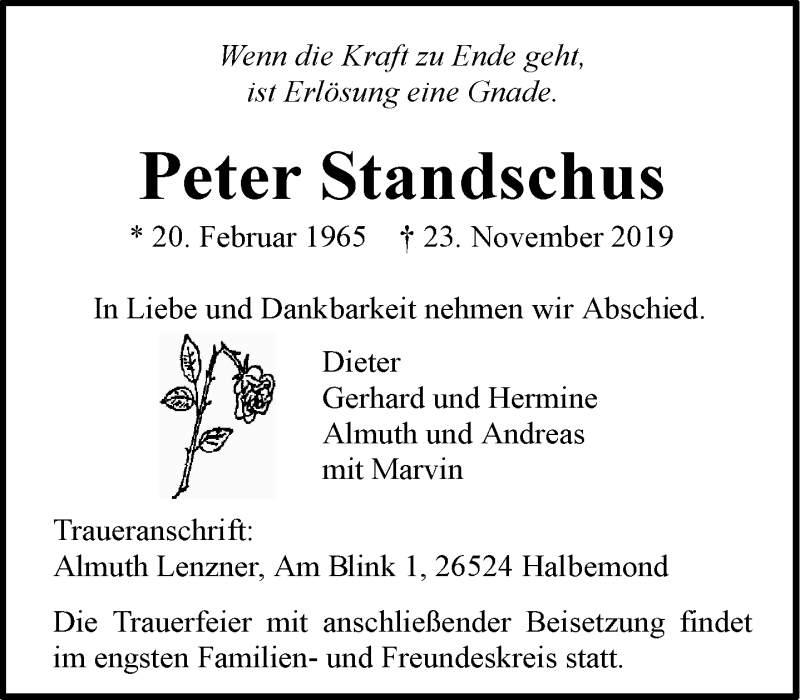  Traueranzeige für Peter Standschus vom 26.11.2019 aus 