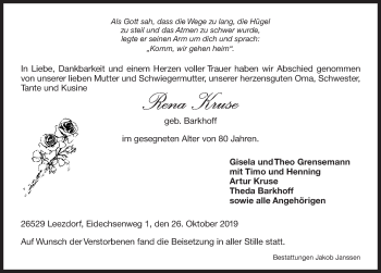 Traueranzeige von Rena Kruse 