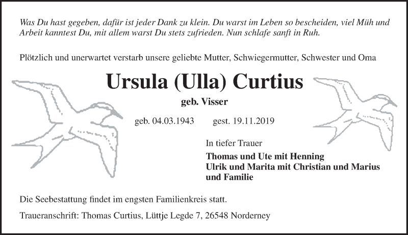  Traueranzeige für Ursula Curtius vom 21.11.2019 aus 