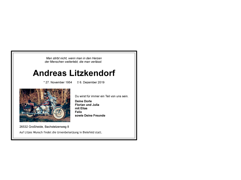  Traueranzeige für Andreas Litzkendorf vom 09.12.2019 aus 