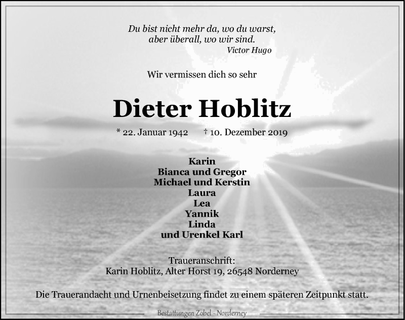  Traueranzeige für Dieter Hoblitz vom 14.12.2019 aus 