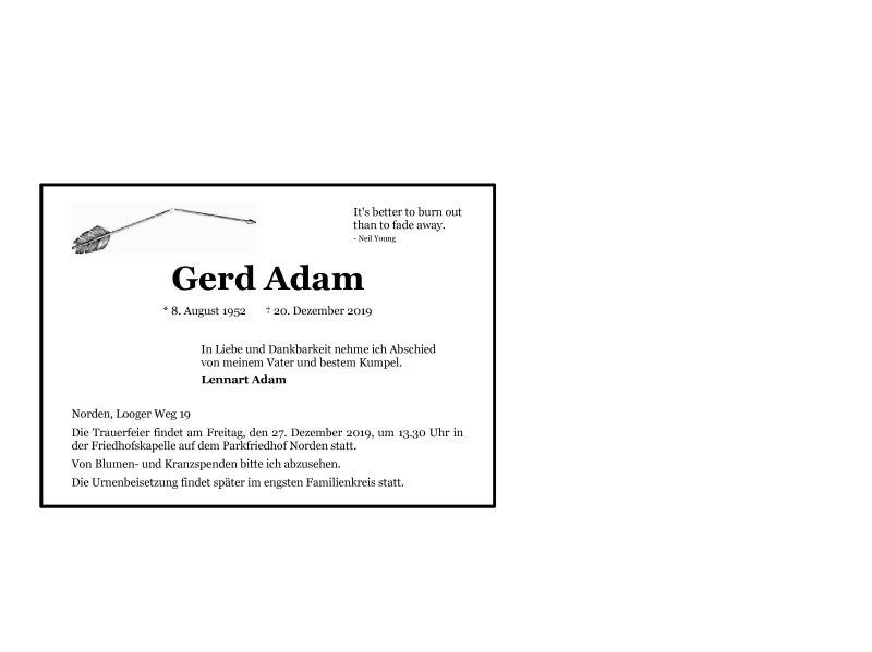  Traueranzeige für Gerd Adam vom 23.12.2019 aus 