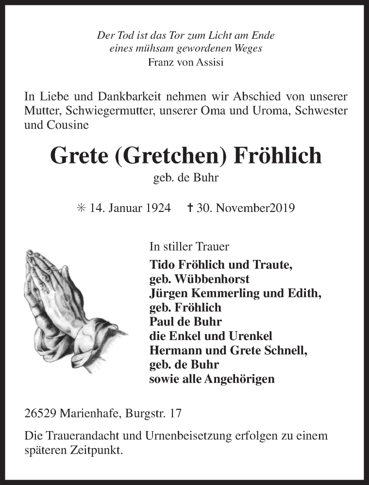  Traueranzeige für Grete Gretchen Fröhlich vom 04.12.2019 aus 