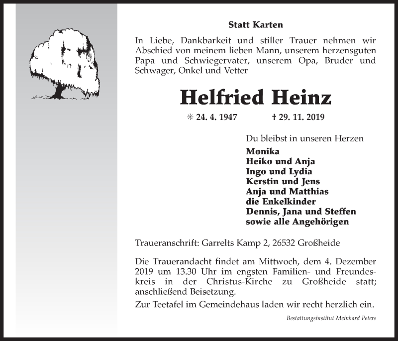  Traueranzeige für Helfried Heinz vom 02.12.2019 aus 