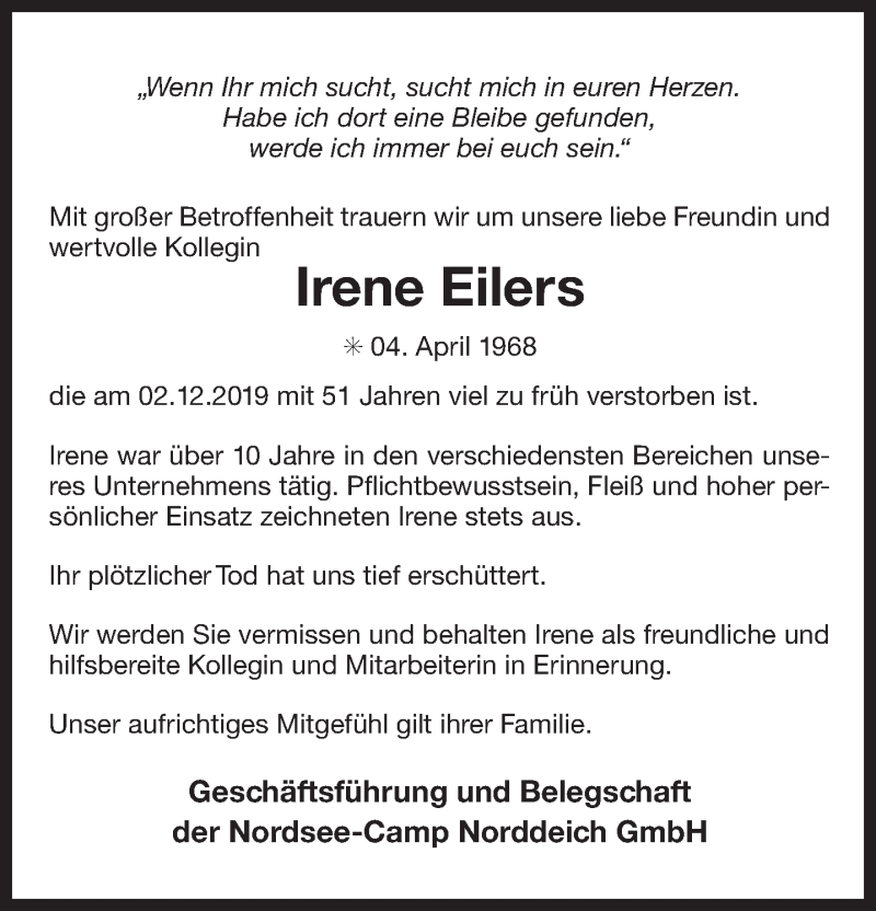  Traueranzeige für Irene Eilers vom 11.12.2019 aus 