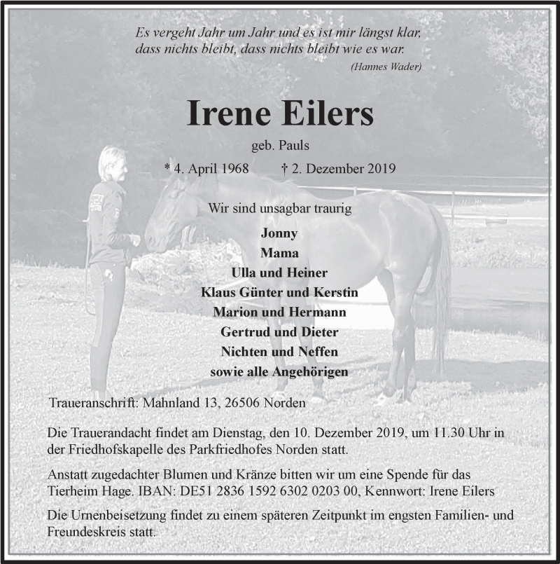  Traueranzeige für Irene Eilers vom 07.12.2019 aus 
