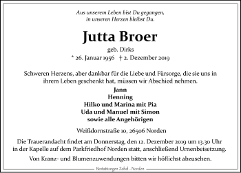 Traueranzeige von Jutta Broer 