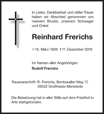 Traueranzeige von Reinhard Frerichs 