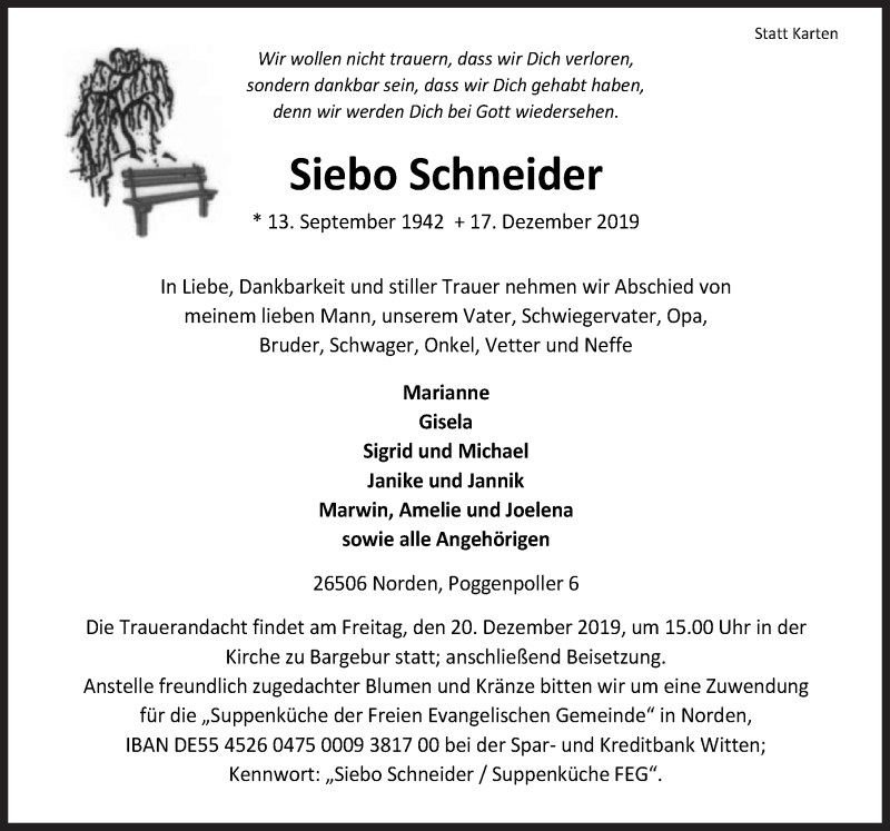  Traueranzeige für Siebo Schneider vom 18.12.2019 aus 