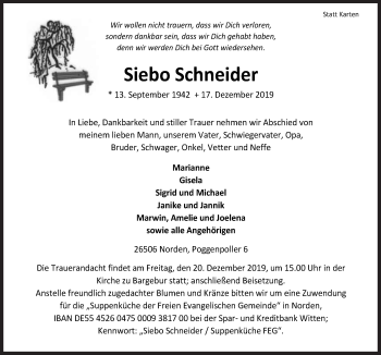 Traueranzeige von Siebo Schneider 