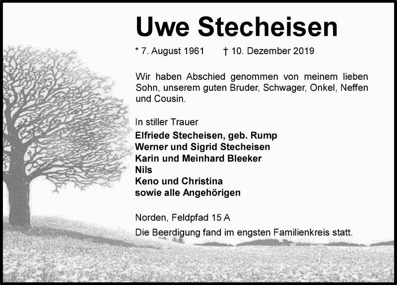  Traueranzeige für Uwe Stecheisen vom 21.12.2019 aus 