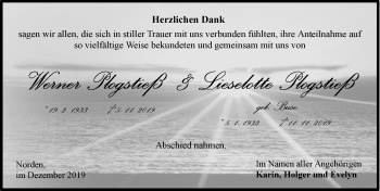 Traueranzeige von Werner und Lieselotte Plogstieß 