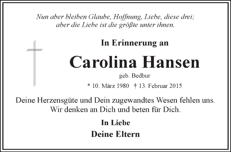  Traueranzeige für Carolina Hansen vom 13.02.2019 aus 