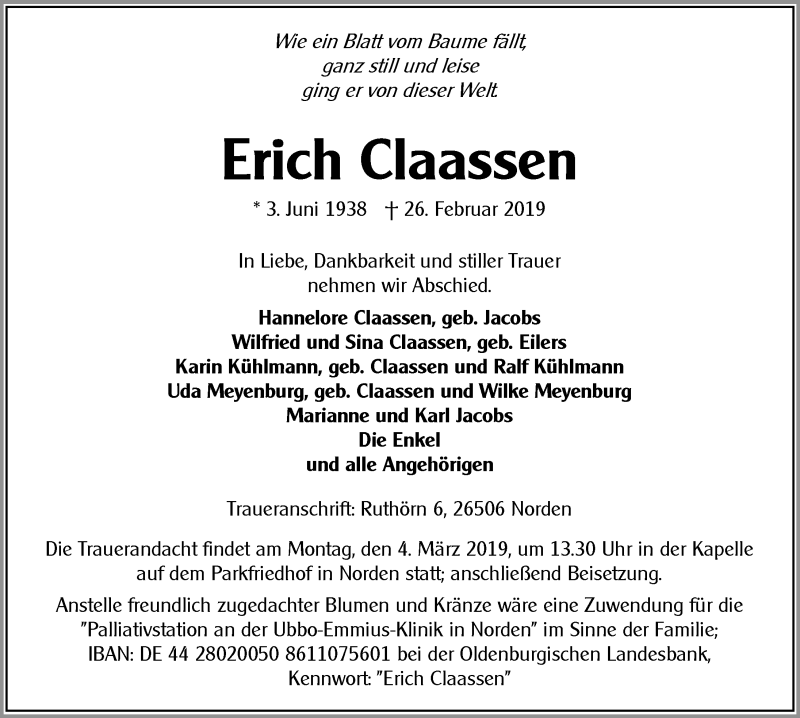  Traueranzeige für Erich Claassen vom 28.02.2019 aus 