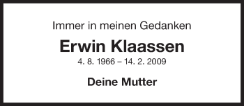 Traueranzeige von Erwin Klaassen 