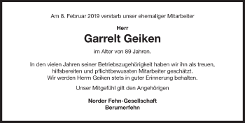 Traueranzeige von Garrelt Geiken 