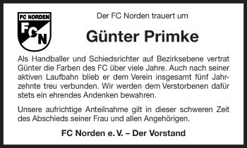 Traueranzeige von Günter Primke 