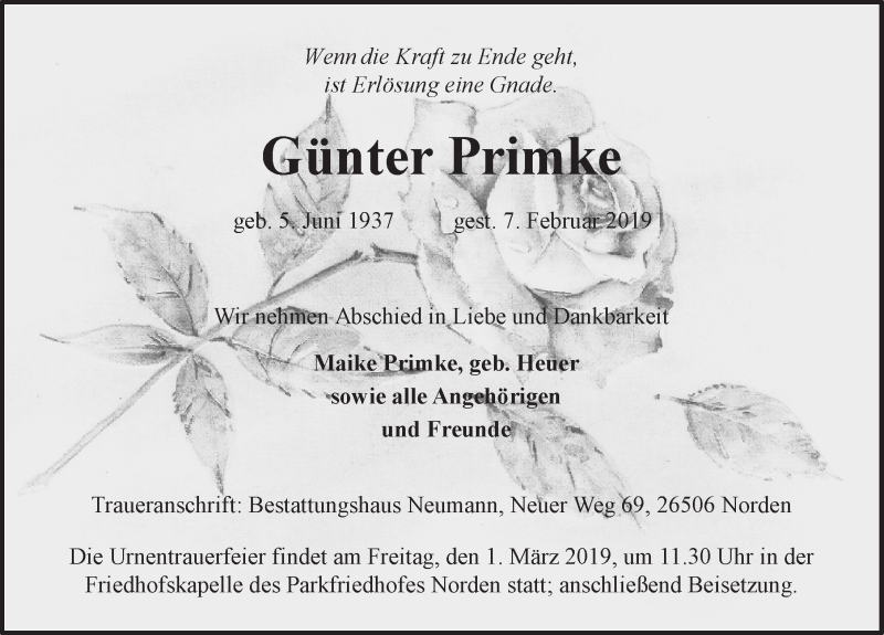  Traueranzeige für Günter Primke vom 16.02.2019 aus 