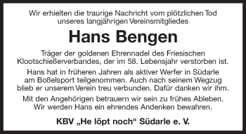 Traueranzeige von Hans Bengen 