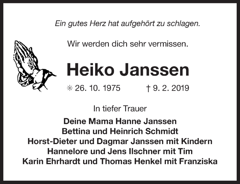  Traueranzeige für Heiko Janssen vom 14.02.2019 aus 