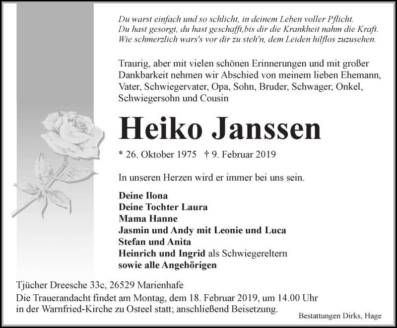  Traueranzeige für Heiko Janssen vom 12.02.2019 aus 