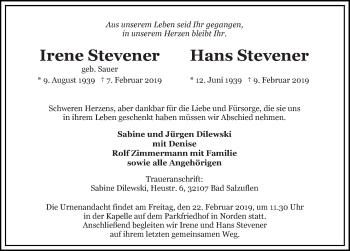 Traueranzeige von Irene und Hans Stevener 